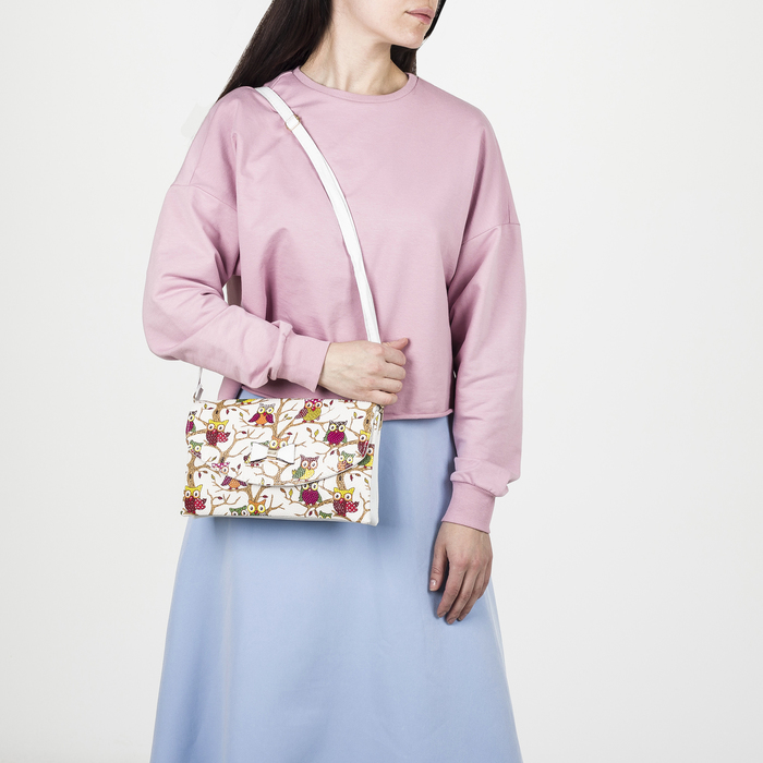 Клатч женский "Сова", 3 отдела на молнии, длинный ремень, цвет белый