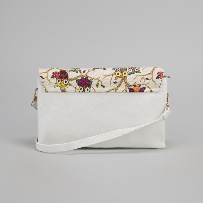 Клатч женский "Сова", 3 отдела на молнии, длинный ремень, цвет белый
