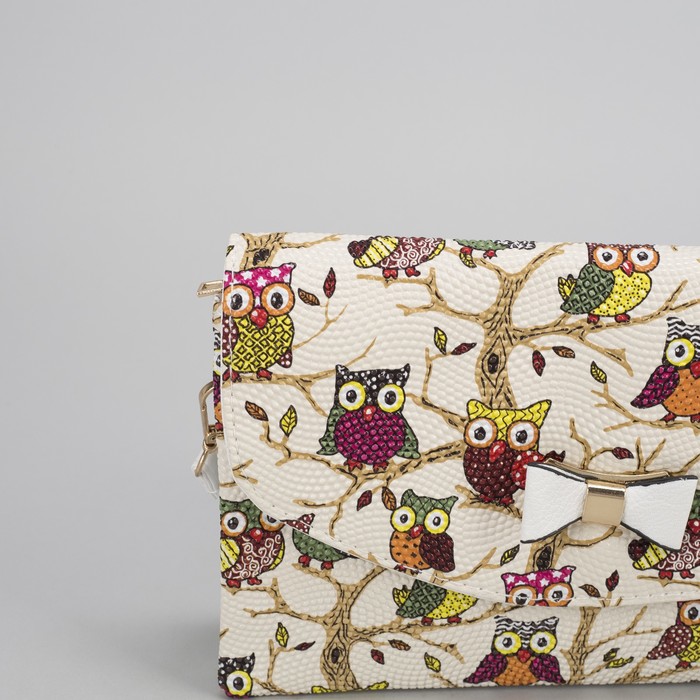 Клатч женский "Сова", 3 отдела на молнии, длинный ремень, цвет белый