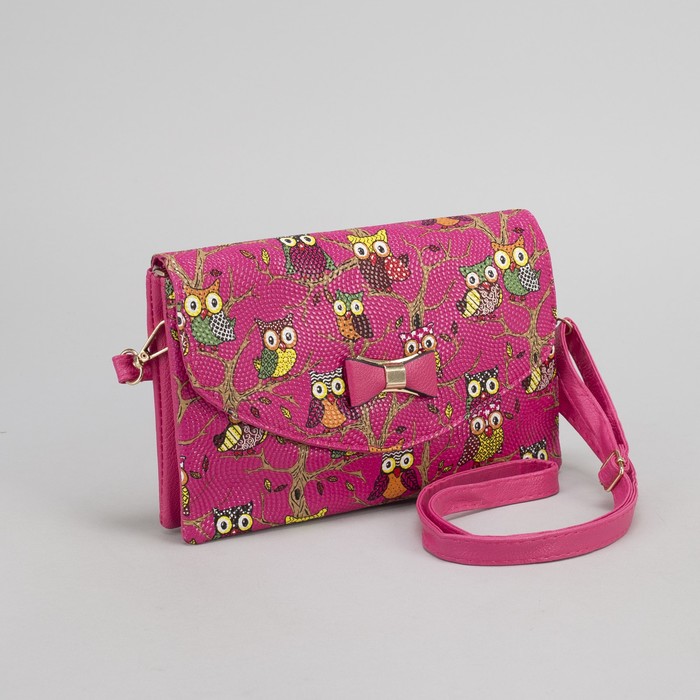 Клатч женский "Сова", 3 отдела на молнии, длинный ремень, цвет розовый
