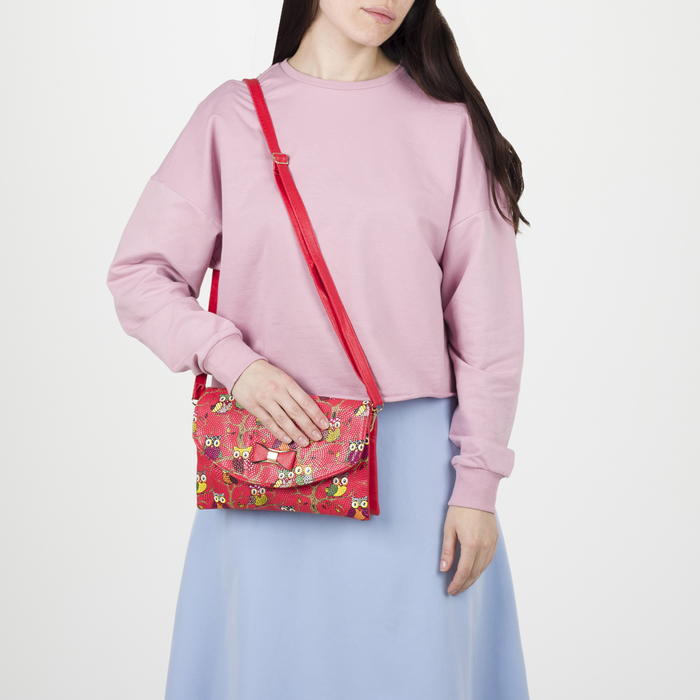 Клатч женский "Сова", 3 отдела на молнии, длинный ремень, цвет красный