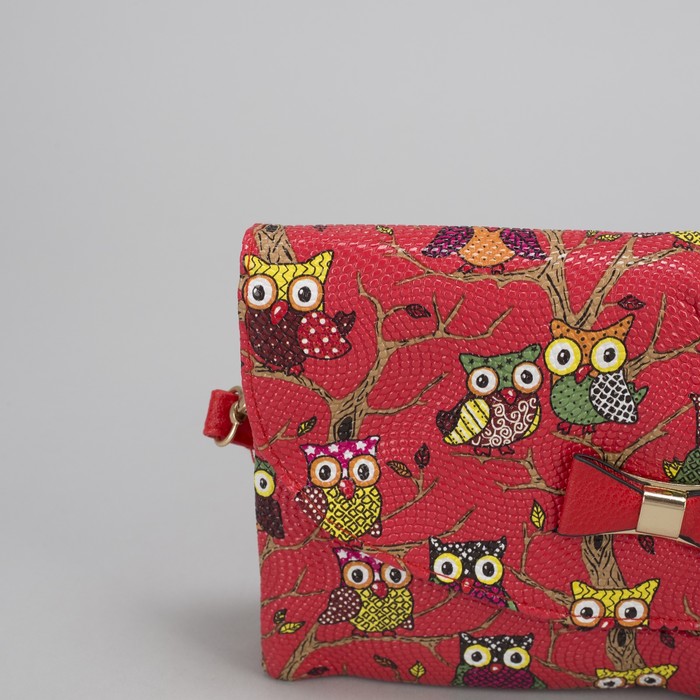 Клатч женский "Сова", 3 отдела на молнии, длинный ремень, цвет красный