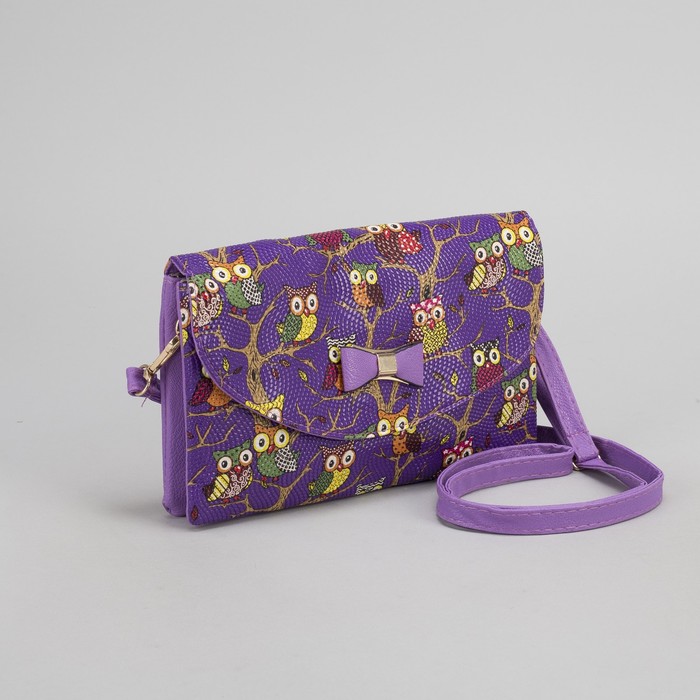 Клатч женский "Сова", 3 отдела на молнии, длинный ремень, цвет сиреневый