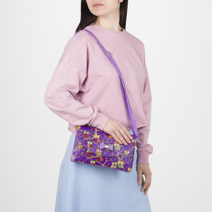 Клатч женский "Сова", 3 отдела на молнии, длинный ремень, цвет сиреневый