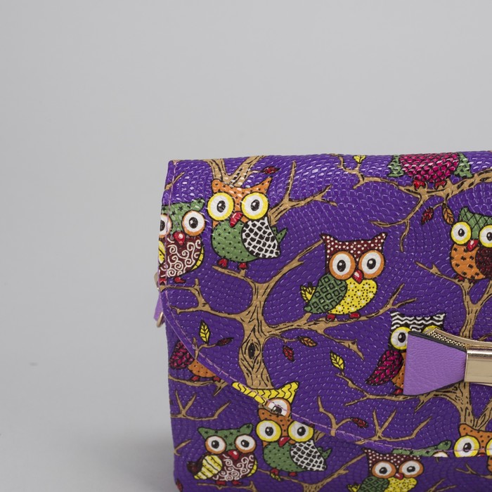 Клатч женский "Сова", 3 отдела на молнии, длинный ремень, цвет сиреневый