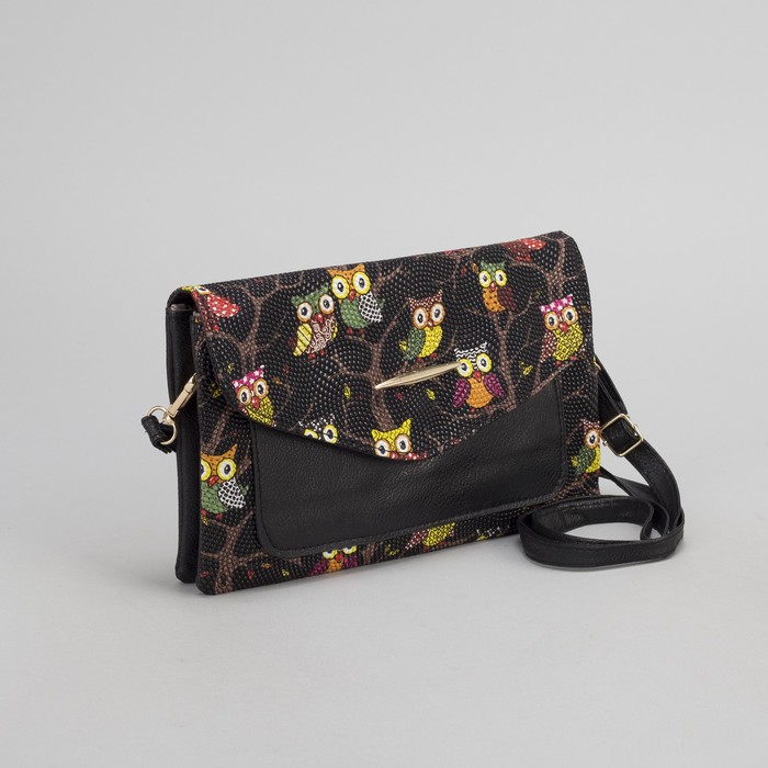 Клатч женский "Сова", 3 отдела на молнии, длинный ремень, цвет чёрный