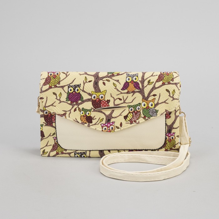Клатч женский "Сова", 3 отдела на молнии, длинный ремень, цвет бежевый