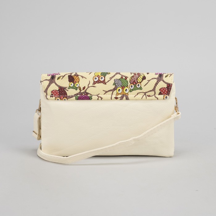Клатч женский "Сова", 3 отдела на молнии, длинный ремень, цвет бежевый