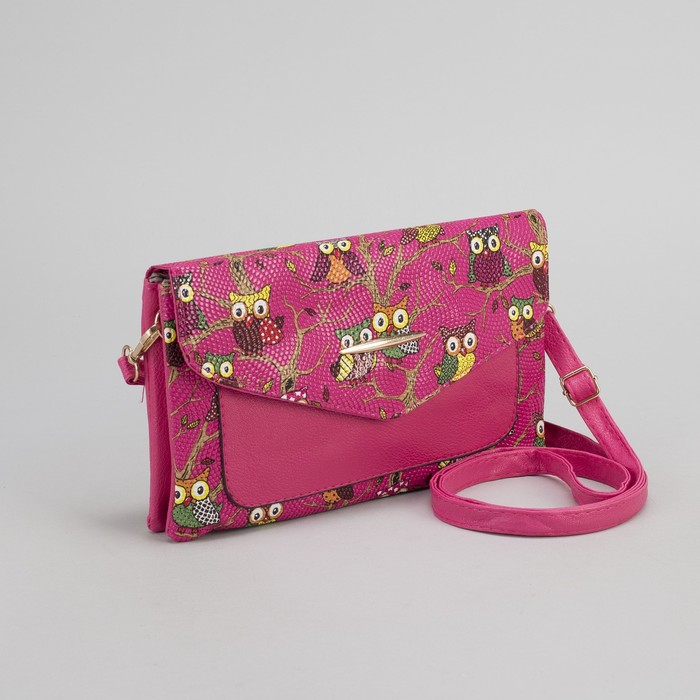 Клатч женский "Сова", 3 отдела на молнии, длинный ремень, цвет розовый