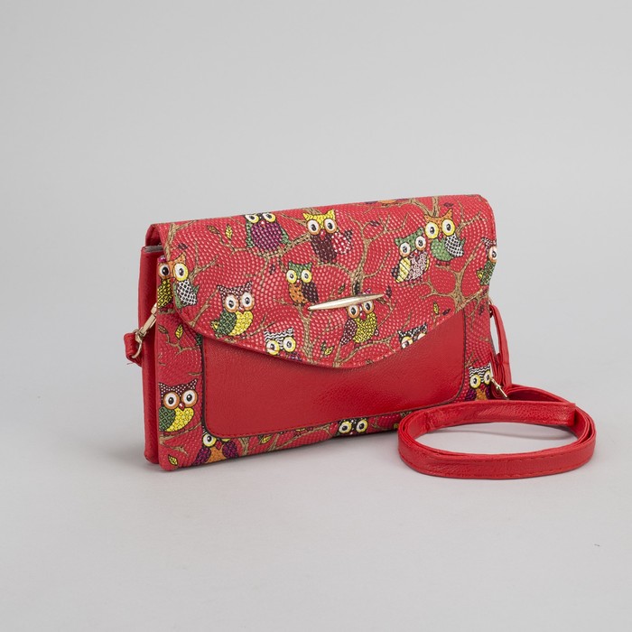 Клатч женский "Сова", 3 отдела на молнии, длинный ремень, цвет красный