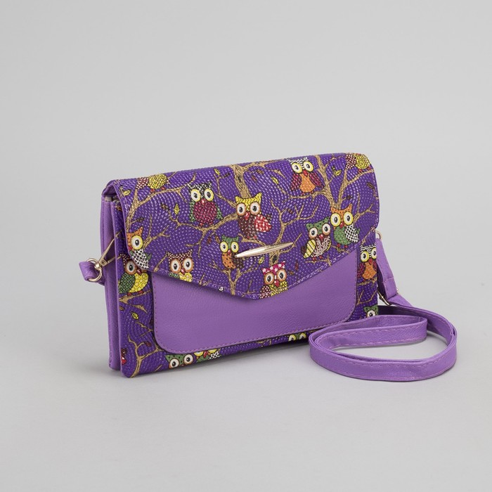 Клатч женский "Сова", 3 отдела на молнии, длинный ремень, цвет сиреневый