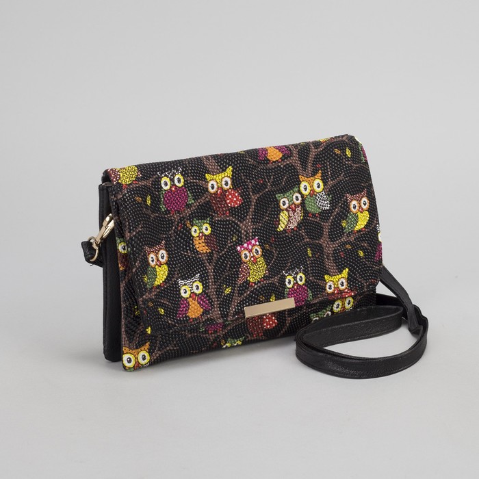 Клатч женский "Сова", 3 отдела на молнии, длинный ремень, цвет чёрный