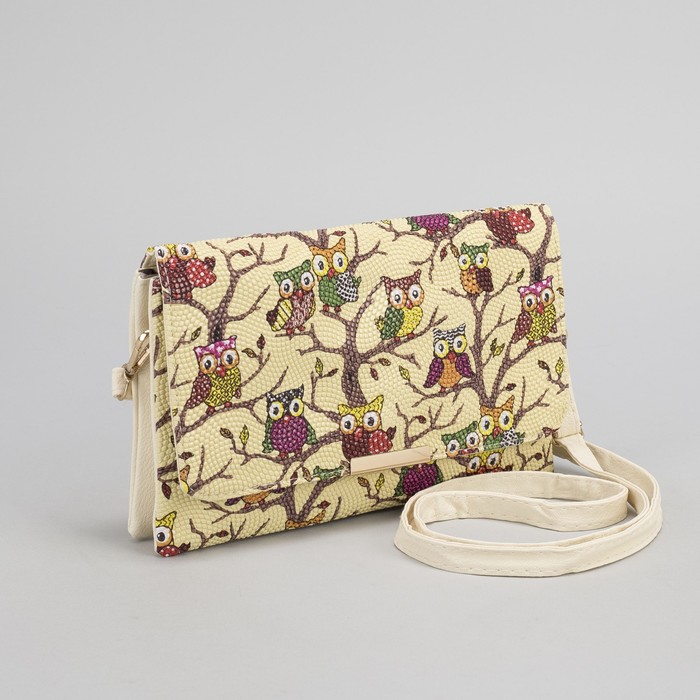 Клатч женский "Сова", 3 отдела на молнии, длинный ремень, цвет бежевый