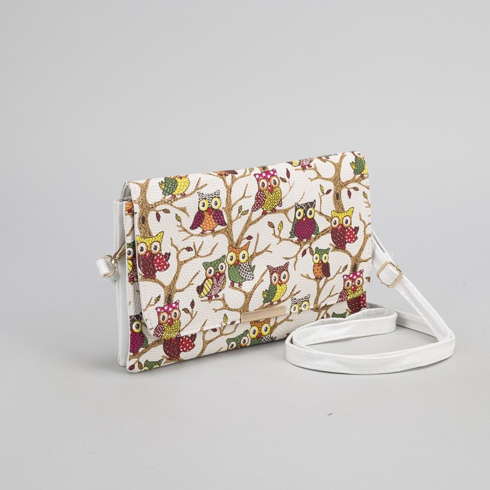 Клатч женский "Сова", 3 отдела на молнии, длинный ремень, цвет белый