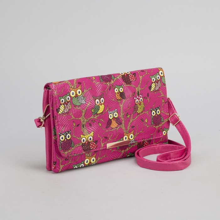 Клатч женский "Сова", 3 отдела на молнии, длинный ремень, цвет розовый