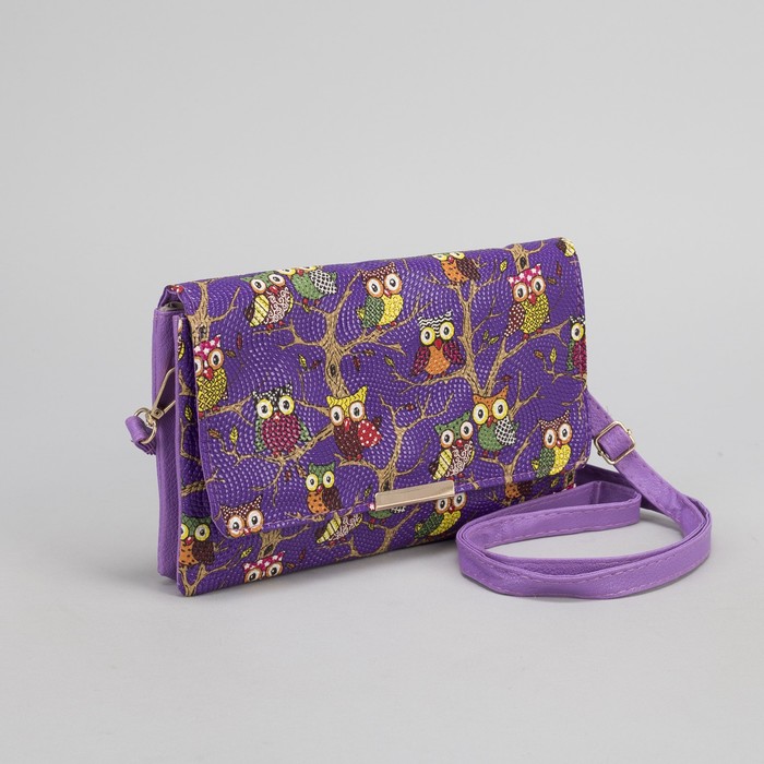 Клатч женский "Сова", 3 отдела на молнии, длинный ремень, цвет сиреневый