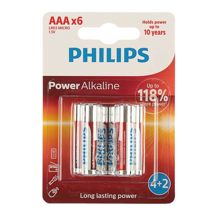 Батарейка алкалиновая PHILIPS Power, ААA, LR03P6BP, блистер, 6 шт.