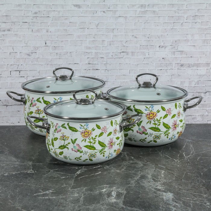 Набор кастрюль "Полевые цветы", 3 предмета: 3 л, 4 л, 5 л, стеклянная крышка