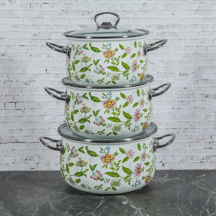Набор кастрюль "Полевые цветы", 3 предмета: 3 л, 4 л, 5 л, стеклянная крышка
