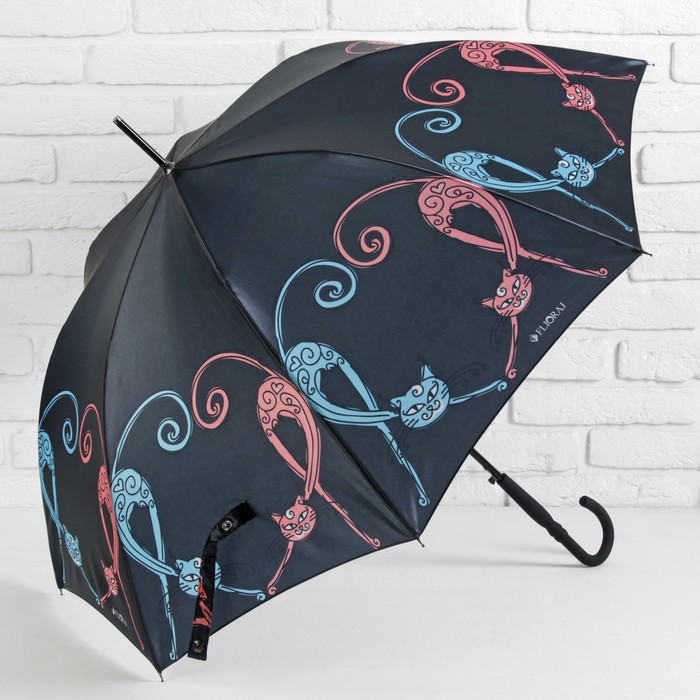 Зонт-трость "Под звуки вальса кошки", полуавтоматический, R=48см, цвет чёрный