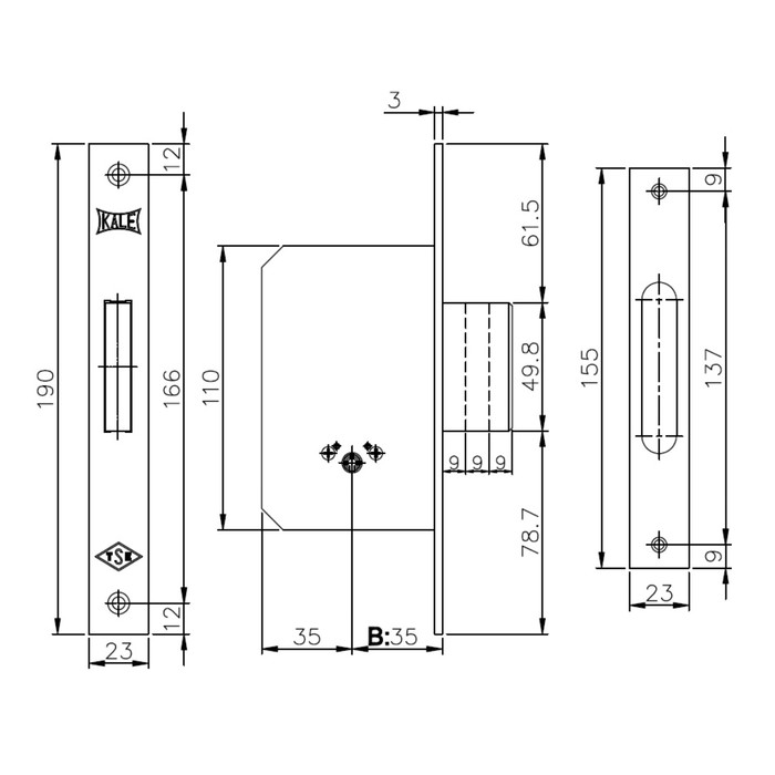 Замок врезной крестообразный KALE 189/F, 35 мм, цвет латунь