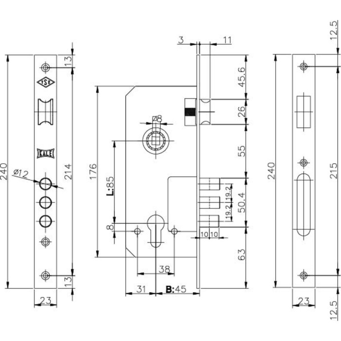 Замок врезной цилиндровый KALE 152/3MR, 45 мм, 3 ключа, цвет латунь