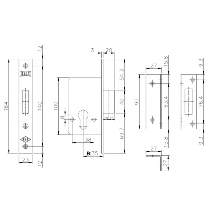 Замок врезной цилиндровый KALE 157, 35 мм, 3 ключа, цвет латунь