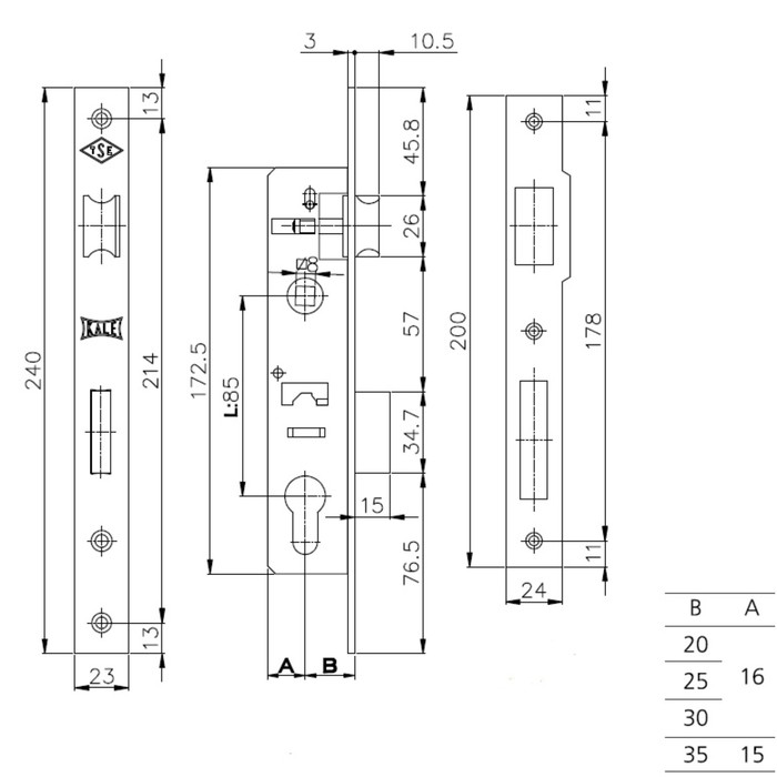 Замок врезной цилиндровый KALE 153, узкопроф., 20 мм, 3 ключа, цвет латунь
