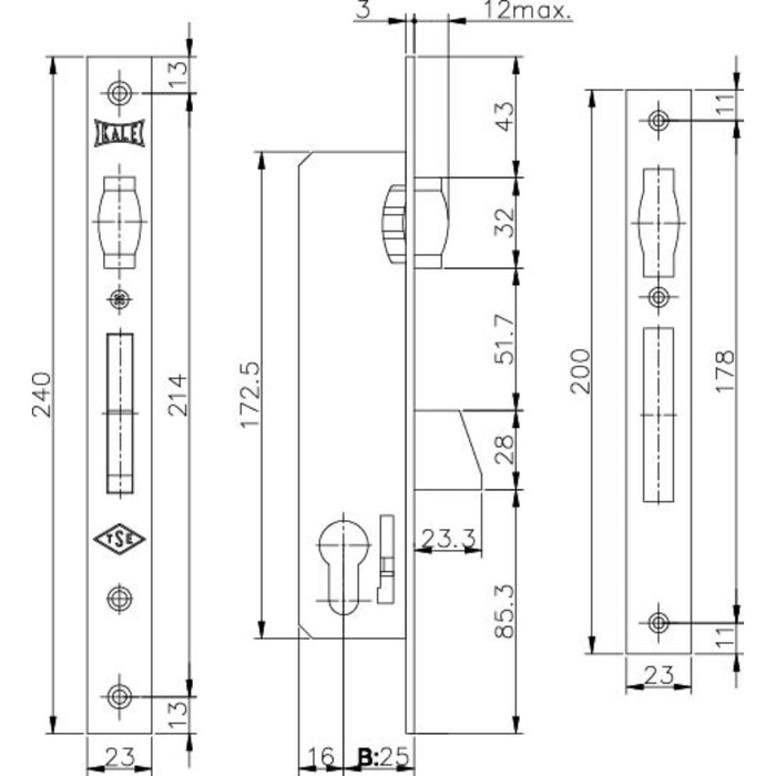 Замок врезной цилиндровый KALE 255, узкопроф., 25 мм, 3 ключа, цвет хром