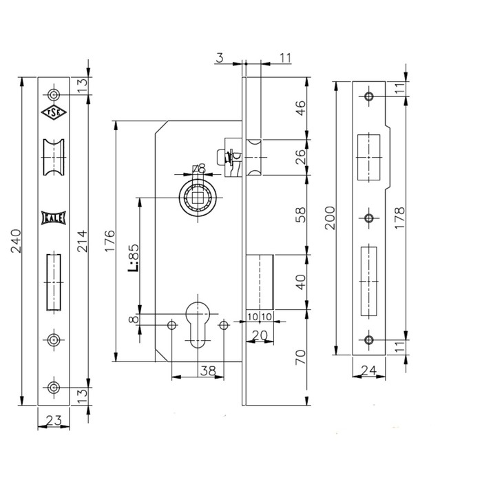 Замок врезной KALE 152/R w/b, под ц/м, 35 мм, цвет латунь
