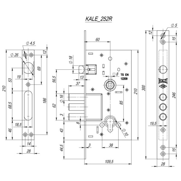 Замок врезной KALE 252/R w/b, под ц/м, цвет хром