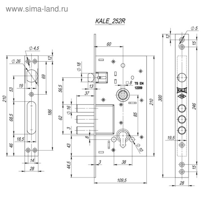 фото Замок врезной kale 252/r w/b, под ц/м, цвет хром kale kilit