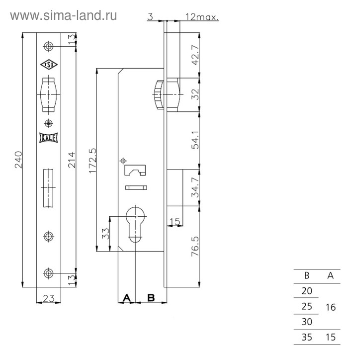 фото Замок врезной, kale155 w/b, 30 мм, под ц/м, узкопроф., цвет хром kale kilit