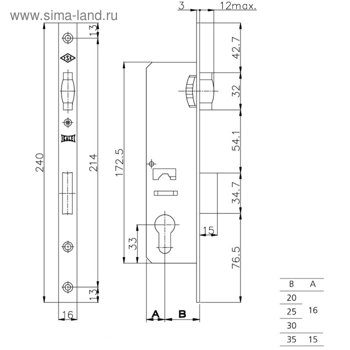 фото Замок врезной, kale155/p w/b, 35 мм, под ц/м, узкопроф., без о/п, цвет хром kale kilit