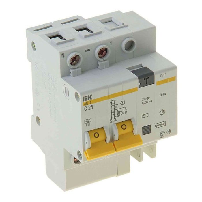 Выключатель авт. диф. тока IEK MAD10-2-025-C-030,2п,3.5мод.,C25А,30мА,тип AC,4.5кА,АД-12