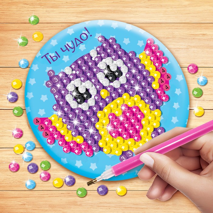 Алмазная вышивка на зеркале "Сова", 7,5 см