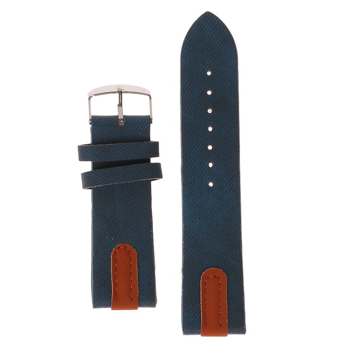 Ремешок для часов, кожзам, 24мм, синий под джинсу с коричневыми вставками 22,5см