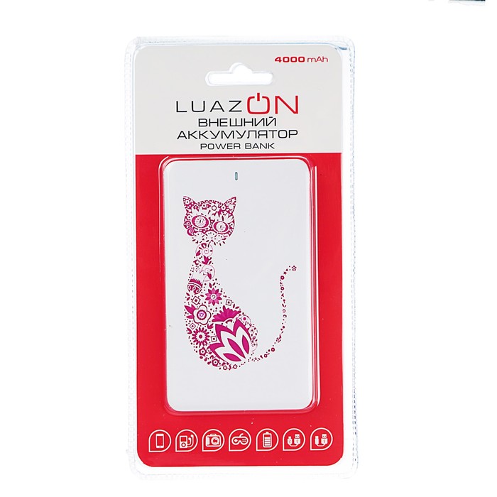 Внешний аккумулятор LuazON Home "Кот", 4000 мАч,провод microUSB,переходник для iPhone 5-Х