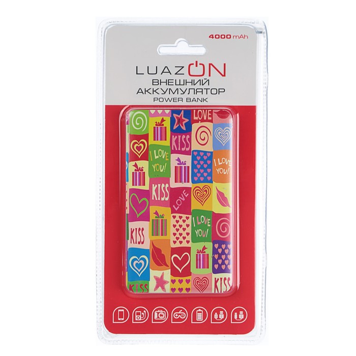 Внешний аккумулятор LuazON Home Love&Kiss,4000 мАч,провод microUSB,переходник для iPhone 5-X