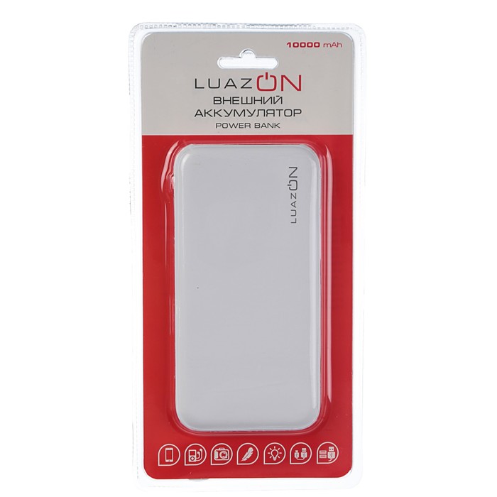 Внешний аккумулятор LuazON Home 10000 мАч, 2 USB,фонарик,Soft touch,белый,провод в комплекте