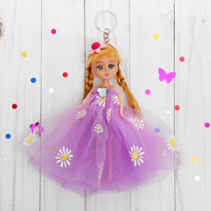 Игрушка-брелок "Куколка" на голове цветочек, платье в ромашку
