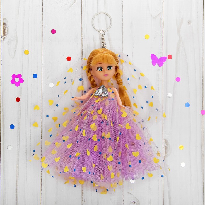 Игрушка-брелок "Куколка" на голове фата, платье в сердечко, цвет сиреневый