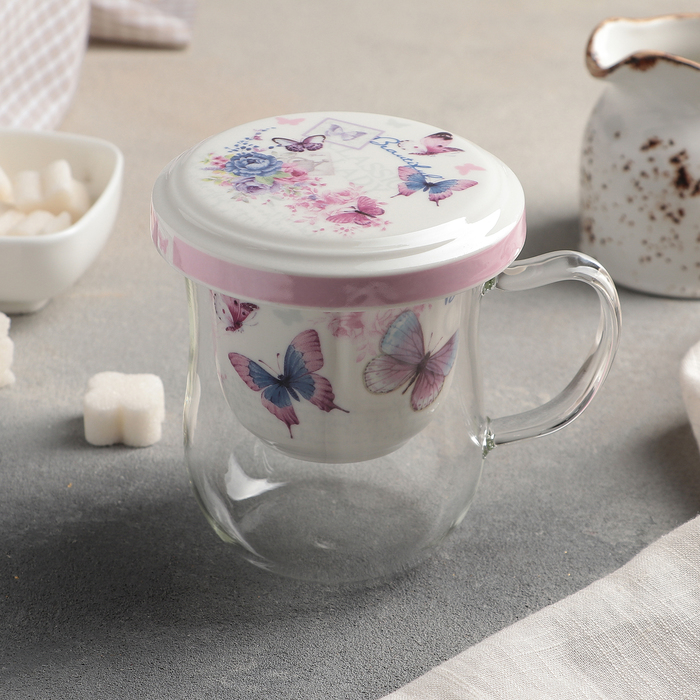 Кружка 400 мл "Бабочки", с керамическим ситом и крышкой