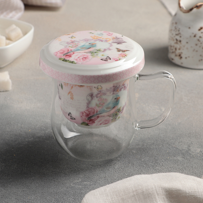 Кружка 400 мл "Птички", с керамическим ситом и крышкой