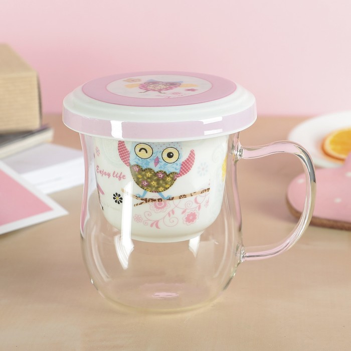Кружка 400 мл "Веселая сова", с керамическим ситом и крышкой