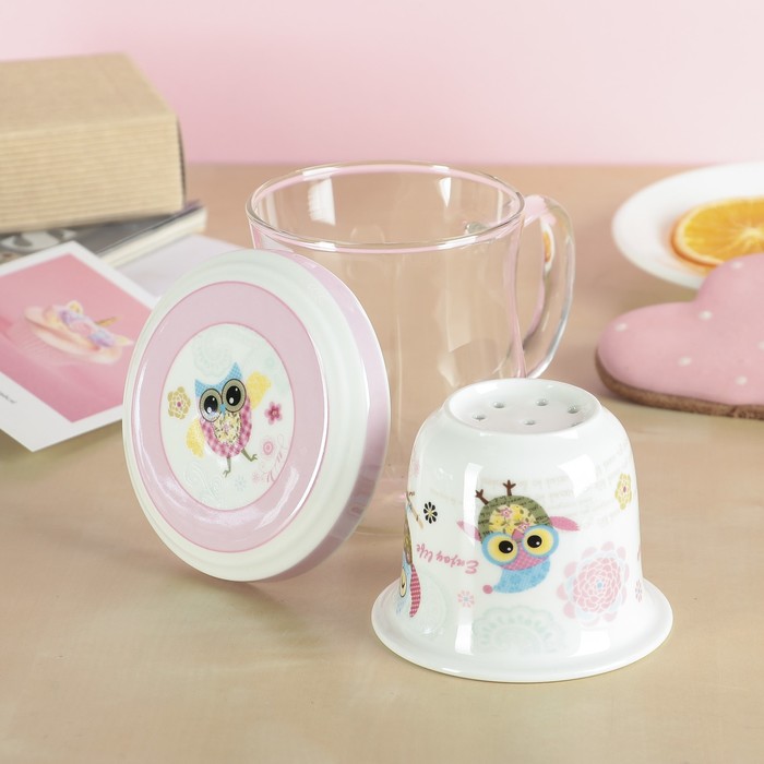 Кружка 400 мл "Веселая сова", с керамическим ситом и крышкой