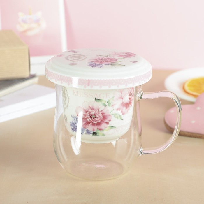 Кружка 400 мл "Цветы", с керамическим ситом и крышкой