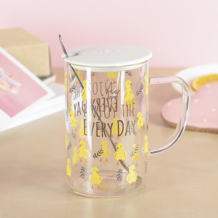 Кружка 470 мл "Фауна", с керамической крышкой и ложкой, рисунок МИКС