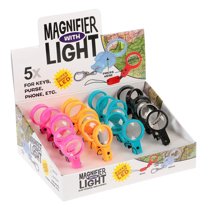 Лупа 5х, d=2 см, на шнурке, фонарик 1 диод, бат. табл., шоубокс 24 шт., микс, 2.5х7 см
