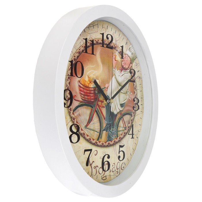 Часы настенные круг, на циферблате Повар на велосипеде, рама белая тонкая, d=33см